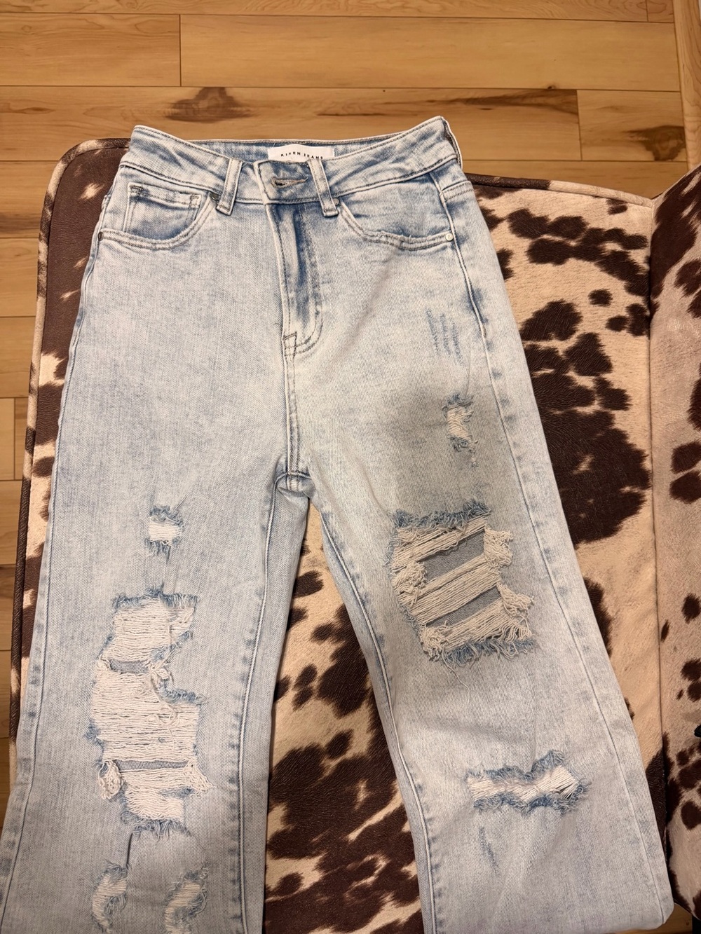 Women’s Risen High Rise Wide Leg Jeans Light Wash Raw Hem Size 0/24 - Picture 2 of 3
